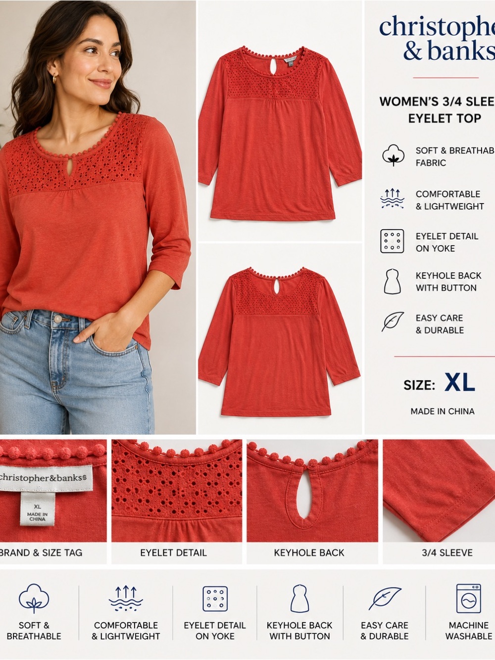 Christopher & Banks Coral 3/4 Sleeve Blouse with Eyelet Detail XL